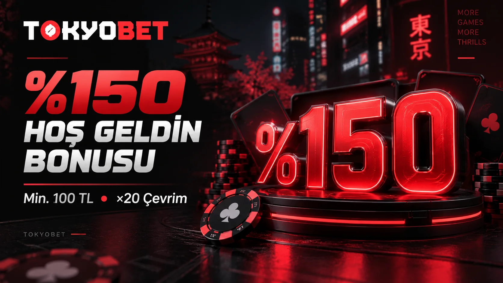 TokyoBet %150 hoş geldin bonusu, minimum 100 TL ve ×20 çevrim